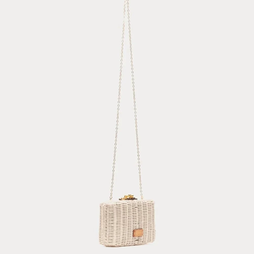 Frances Valentine White Wicker Clutch with Gold Hardware